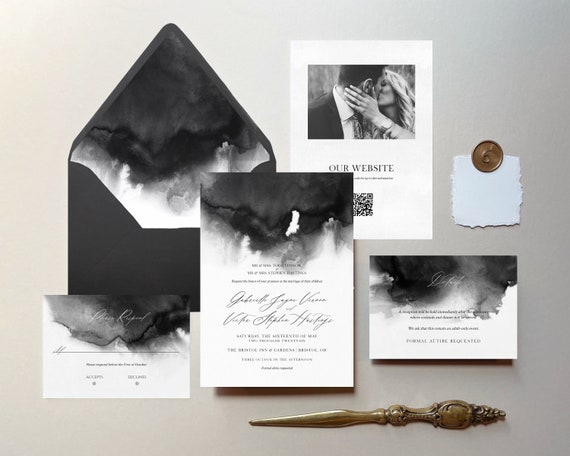 Ebony: Dark and Moody Wedding Invitation Template, Black and White Wedding Invitation, Dark Watercolor Wedding, Envelope Liner Included