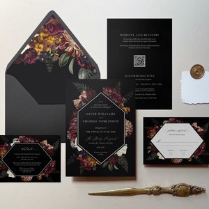 Aster | Autumn Floral Wedding Invitations, Printed Wedding Invitation, Moody Floral Wedding, Modern Black Wedding, Autumn Fall Floral Design