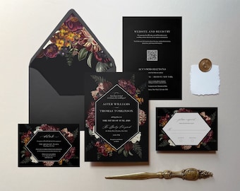 Aster | Autumn Floral Wedding Invitations, Printed Wedding Invitation, Moody Floral Wedding, Modern Black Wedding, Autumn Fall Floral Design