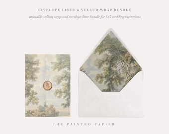 Lacie: Fine Art Wedding Vellum Wrap en Envelop Liner voor 5x7 trouwkaarten, Vellum Wrap & Liner Mini Bundel, Aquarel Landschap