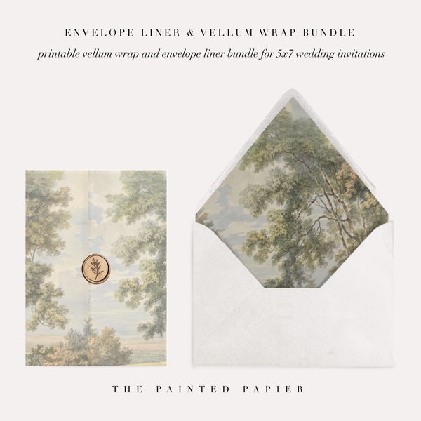 Lacie: Fine Art Wedding Vellum Wrap and Envelope Liner for 5x7 Wedding Invitations, Vellum Wrap & Liner Mini Bundle, Watercolor Landscape