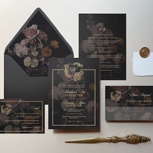 Fae | Dark Floral Wedding Invitation Set, Moody Floral Wedding Invitations, Printed Wedding Invite, Gold Crest Monogram Wedding Invitation