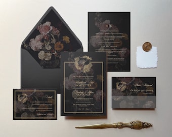 Fae | Dark Floral Wedding Invitation Set, Moody Floral Wedding Invitations, Printed Wedding Invite, Gold Crest Monogram Wedding Invitation
