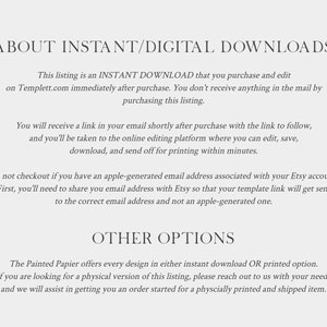 May include: Text explaining the process of purchasing and editing a digital download on Templett.com. The text also mentions that the download is an instant download and that the buyer will receive a link to the online editing platform shortly after purchase. The text also includes information about how to share your email address with Etsy so that your template link will get sent to the correct email address.