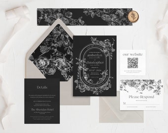 Amber | Modern Floral Wedding Invitation Suite, Black and White Wedding Invitation, Delicate Floral Wedding Invitation, Printed Invitations