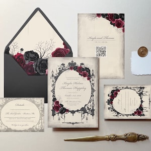 Circe | Dark Moody Floral Wedding Invitations, Halloween Wedding Invitations, Red & Black Roses Floral Wedding Invitation, Digital or Print