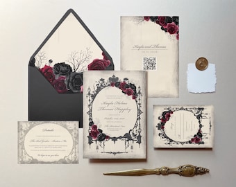 Circe | Dark Moody Floral Wedding Invitations, Halloween Wedding Invitations, Red and Black Roses Wedding Invitation, Red Wedding Invitation