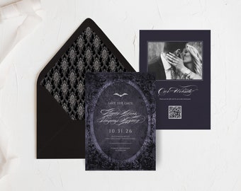 Livinia: Purple Halloween Save the Date, Halloween Save the Date, Halloween Save the Date Template, Editable, Envelope Liner Included