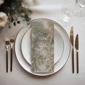 Lacie | Wydrukowane menu weselne, Karta menu krajobrazu Fine Art, Menu kolacji weselnej, 4x8 cali, Menu malarstwa krajobrazu wiejskiego