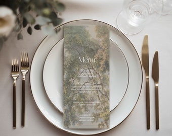 Lacie | Printed Wedding Menu, Fine Art Landscape Menu Card, Wedding Dinner Menu, 4x8 Inches, Country Landscape Painting Menu