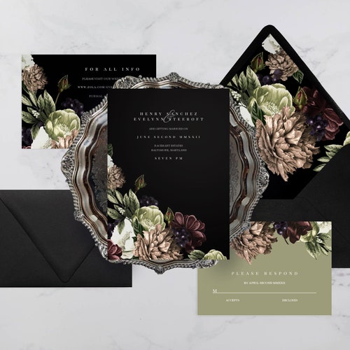 Kris: Dark Moody Floral Wedding Invitation Template Printable | Etsy