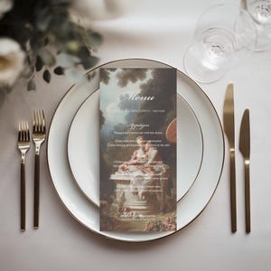 Liebesbrief | Gedrucktes Hochzeitsmenü, Fine Art Französische Menükarte, Hochzeitsabendmenü, 4 x 8 Zoll, Klassisches Französisches Gemälde Menü