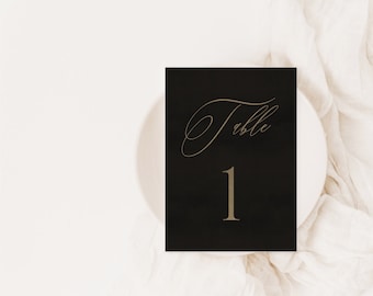 Eliza | Printed Wedding Table Numbers, Black and Gold Modern Calligraphy Design, Elegant Script Table Number Cards, 5x7 Size
