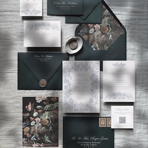 Athena | Printed Elegant Wedding Invitations, Printed Wedding Invite with Antique Florals, Moody Floral, Romantic Floral Wedding Invitations