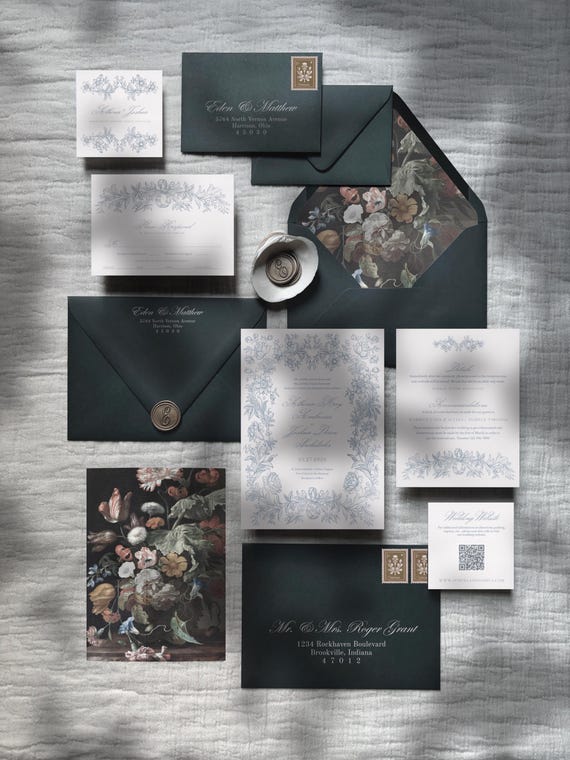Athena | Printed Elegant Wedding Invitations, Printed Wedding Invite with Antique Florals, Moody Floral, Romantic Floral Wedding Invitations