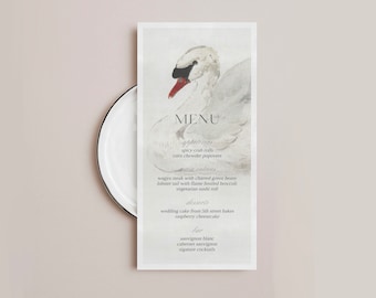 Maral: Wedding Menu Template, Fine Art Swan Wedding, Printable Menu Template, Edit and Print Immediately, Instant Download, 4x8
