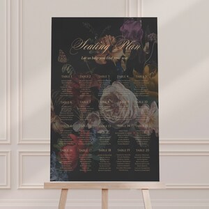 Laisha: Moody Floral Seating Chart, Dark Moody Floral Wedding, Bruiloft Alfabetische Seating Chart, Instant Download, Bewerken met Templett