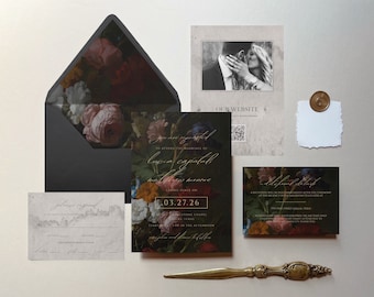 Lucia: Dark Moody Floral Wedding Invitations, Printable Dark Floral Invitations, Moody Floral Wedding Invitation Template, Templett