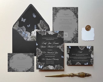 Emily | Halloween Wedding Invitation, Corpse Bride Wedding Invitation, Dusty Blue Wedding, Butterfly Wedding Invitation, Sold in Sets of 10