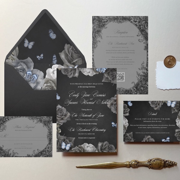 Emily | Halloween Wedding Invitation, Corpse Bride Wedding Invitation, Dusty Blue Wedding, Butterfly Wedding Invitation, Sold in Sets of 10