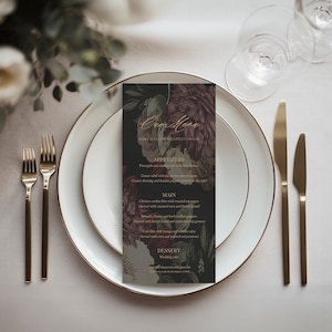 Farah | Printed Wedding Menu, Moody Floral Menu Card, Wedding Dinner Menu, 4x8 Inches, Elegant Floral Menu, Modern Calligraphy
