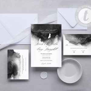 Ebony: Dark Moody Watercolor Wedding Invitation Templates, Dark Watercolor Invitation Template, Dark Watercolor Wedding Invitation, Templett