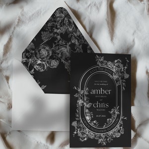 Tarjetas de invitación para boda en blanco y negro con diseño floral moderno y color ámbar, tarjetas de invitación para boda en blanco y negro con diseño floral moderno y estampado de melancolía