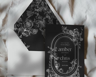 Amber | Modern Floral Save the Date, Black and White Wedding Save the Dates, Printed Moody Floral Wedding Save the Date Cards