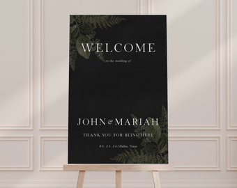 Megara: Modern Black Welcome Sign, Dark Greenery Wedding Decor, Greenery Welcome Sign, Printable Welcome Sign Template, 18x24 & 24x36