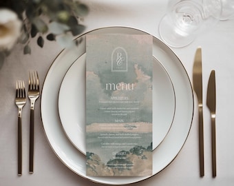 May include: A wedding menu card with a watercolor background in shades of blue and pink. The menu is printed in white text and includes appetizers, main course, and dessert options. The card features a monogram of the letters "R" and "C" in a white arch.