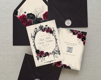 Circe | Halloween Wedding Save the Date, Moody Floral Save the Date, Printed Save the Date, Red and Black Floral Design, Halloween Wedding