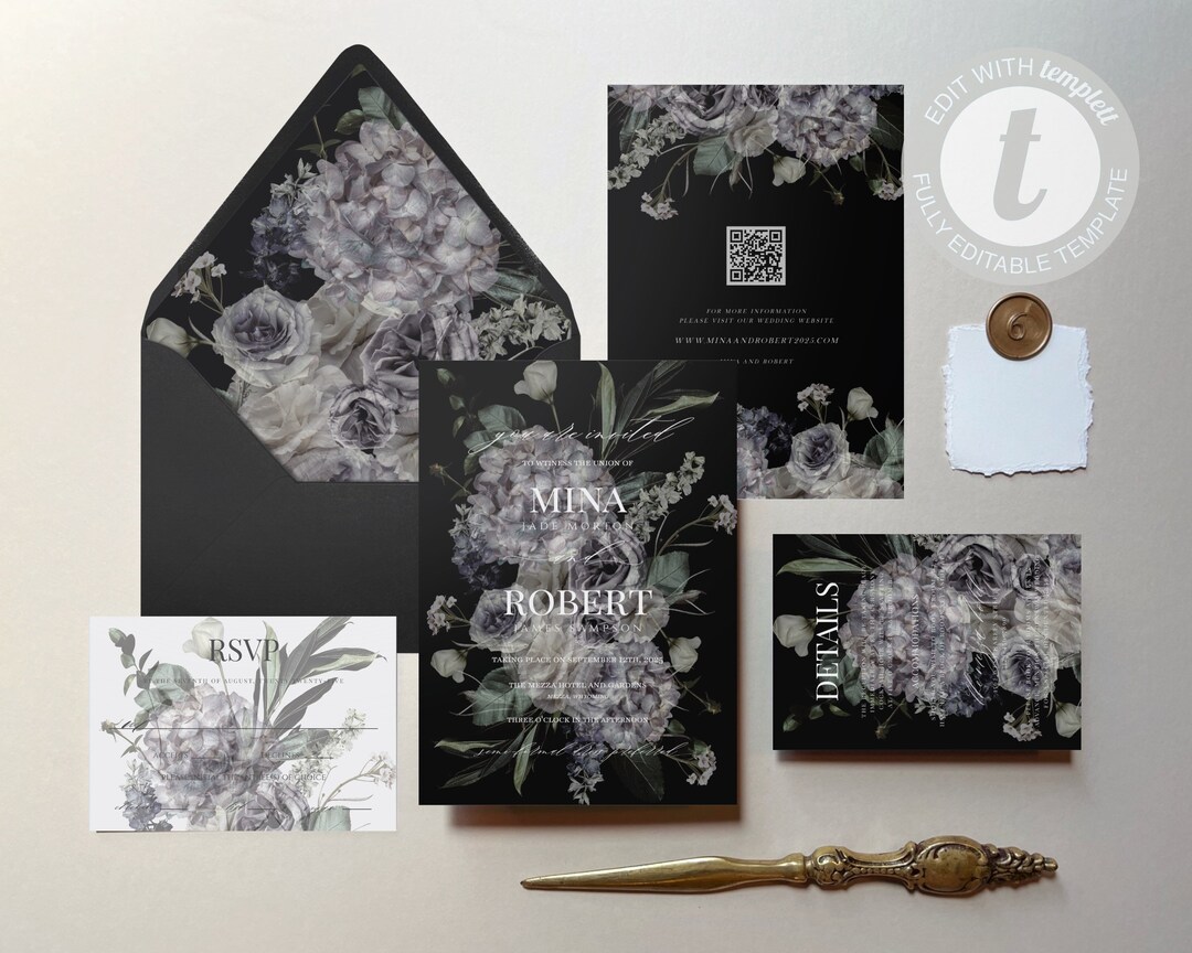 Mina: Dark Moody Floral Wedding Invitations, Printable Dark Floral Invitations, Moody Floral ...