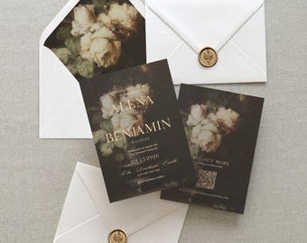 Alena / Salva la data floreale con stampa Moody, Salva la data del matrimonio floreale scuro, Salva la data del matrimonio floreale