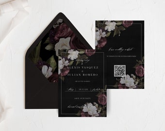 Maria: Modello salva la data floreale lunatico, Matrimonio nella foresta oscura boscosa Salva la data, Floreale bordeaux, Modello salva la data modificabile