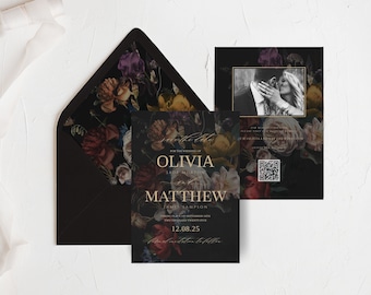 Laisha: Moody Floral Save the Date Template, Wedding Save the Date with Photo and QR code, Moody Floral Wedding, Envelope Liner Included