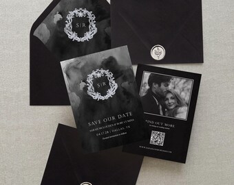 Pompei / Monogramma moderno Save the Date, Save the Date per matrimonio dark moody, biglietti Save the Date per matrimonio stampati moody con stemma