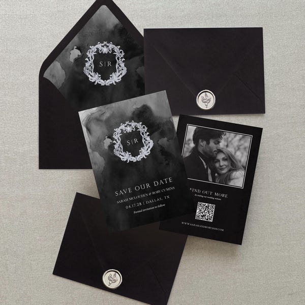 Pompeji | Moderne Monogramm Save the Date, dunkle schwermütige Hochzeit Save the Dates, gedruckte schwermütige Hochzeit Save the Date Karten mit Wappen