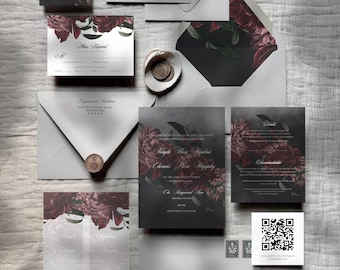 Ava | Printed Dark Floral Wedding Invitation Set, Moody Floral Wedding Invitations, Printed Wedding Invite, Burgundy Blush & Dusty Rose