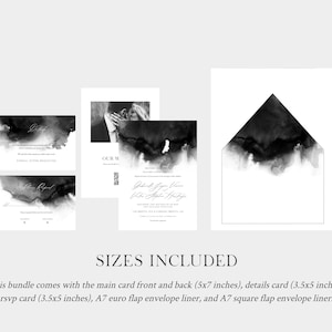 May include: Black and white wedding invitation suite with a watercolor design. The suite includes a main card, details card, RSVP card, and two envelope liners. The main card measures 5x7 inches, the details and RSVP cards measure 3.5x5 inches, and the envelope liners are A7 size.