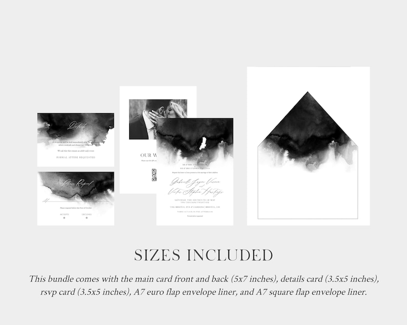 May include: Black and white wedding invitation suite with a watercolor design. The suite includes a main card, details card, RSVP card, and two envelope liners. The main card measures 5x7 inches, the details and RSVP cards measure 3.5x5 inches, and the envelope liners are A7 size.