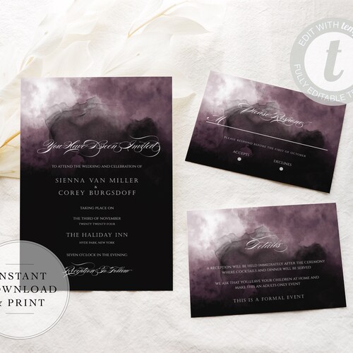 Pompeii: Dark Moody Watercolor Wedding Invitation Template - Etsy