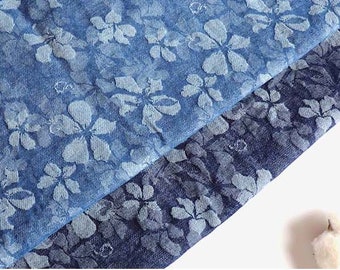 Floral Printed Denim Fabric Blue Stretch Cotton Denim Fabric by the Half  Yard 