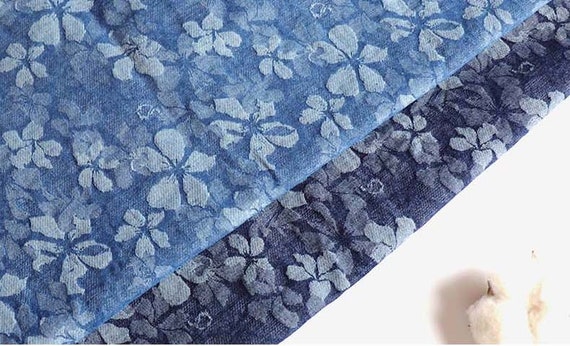 Floral Printed Denim Fabric Blue Stretch Cotton Denim Fabric by