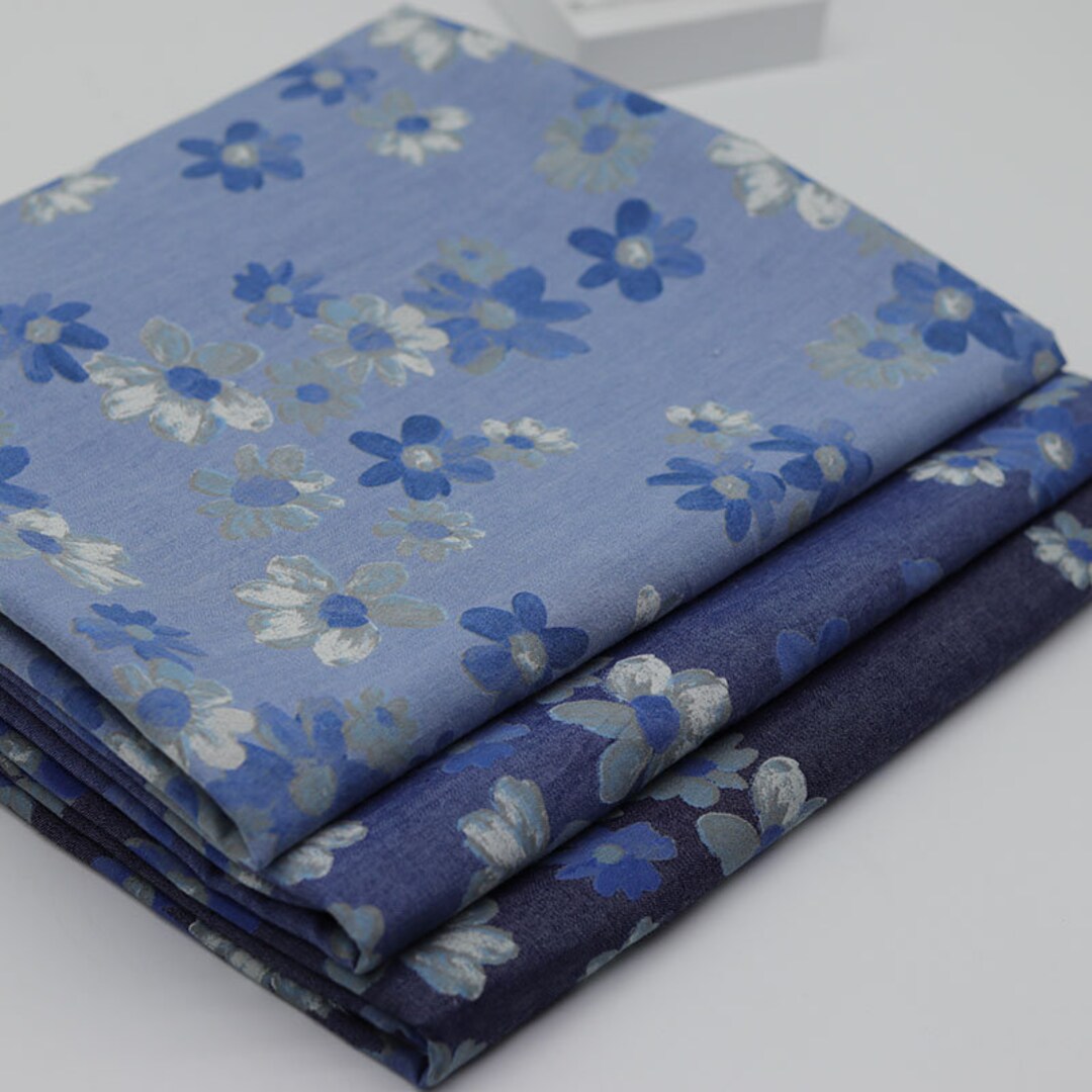 Floral Printed Denim Fabric, Blue Cotton Denim Fabric by the Half Yard