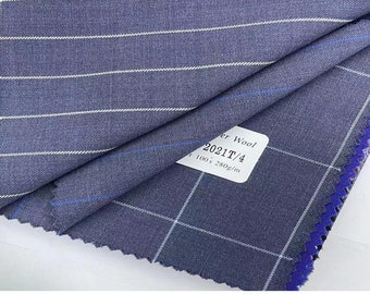 70% Merino Wool Navy Blue Worsted Suiting Fabric, Stripe/Plaid Suit Fabric By The Yard