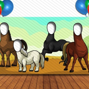 May include: A photo booth backdrop featuring four horses with blank spaces for faces. The horses are brown, black, and white. The backdrop is a cartoon style with a green, blue, and yellow sky and brown ground.