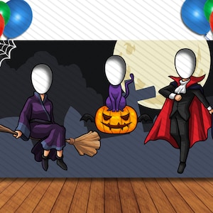 Witch, Witch Cat, and the Wizard, Halloween Theme Party, 42x72" Photo Standee, Face Hole Cutout, Face in Hole, Fun Party Selfie Photo Prop