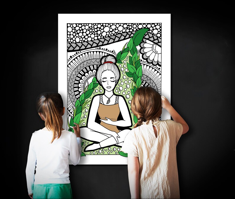 May include: Two children are coloring a black and white illustration of a woman meditating in a lotus position surrounded by green leaves and flowers. The woman has long brown hair and is wearing a brown tank top. The illustration is on a white background.