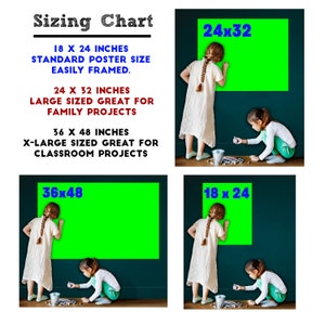 May include: A sizing chart for green screen posters with three different sizes: 18 x 24 inches, 24 x 32 inches, and 36 x 48 inches. The chart shows two children drawing on the green screens.