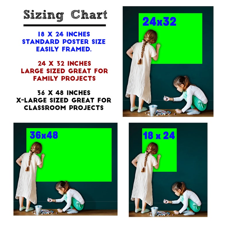 May include: A sizing chart for green screen posters with three different sizes: 18 x 24 inches, 24 x 32 inches, and 36 x 48 inches. The chart shows two children drawing on the green screens.